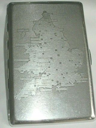 Large Vintage Chrome Cigarette Case Map Of England & Wales To Front