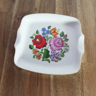Vintage Hand Painted Flower Trinket Dish With Gold Rim Made In Kalocsa Hungry
