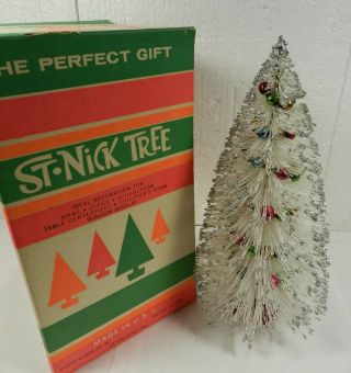 Vtg St.  Nick White Bottle Brush Christmas Tree Glitter Garland Mid Century Funky