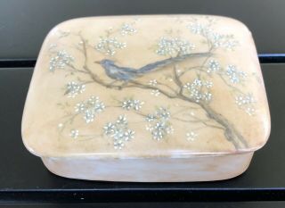 Vintage Hand Painted Trinket Box With Lid Hand Painted Blue Bird Tree Pink