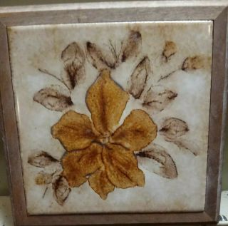 Vintage Semigres 7 " X 7 " Wood Framed Tile Floral Flower Made In Italy