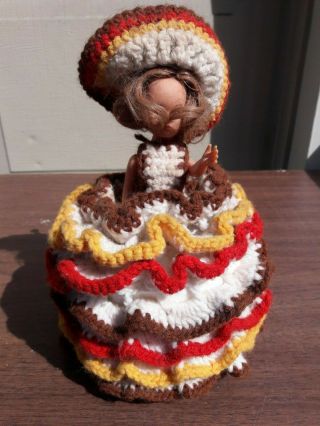 Vintage Doll Crochet Toilet Paper Holder Yellow/brown/red