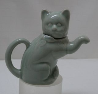 Vtg Chinese Celadon Green Teapot Tea Pot Welcome Kitty Cat Porcelain Mofa - Euc