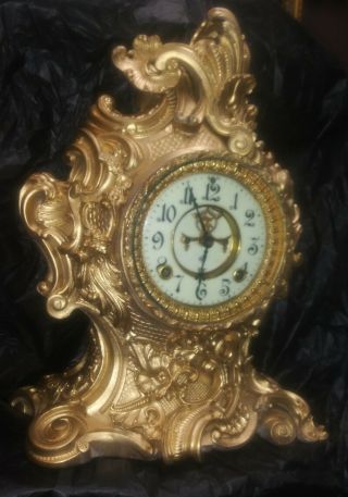 Antique Ansonia Cast Iron Mantle Clock Monarch Model 16 " Tall 12 " Wide 5 " Thick