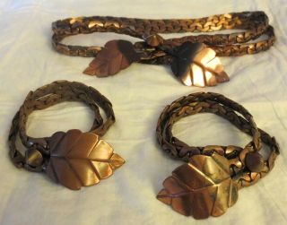 Three Vintage Francisco Rebajes Copper Leaf Bracelets; 1 Wrap - Around,  2 Standard