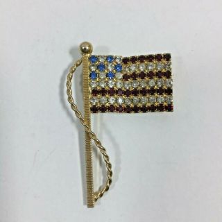 Vintage American Flag Brooch Pin Rhinestones Red Blue Gold Tone Estate Jewelry