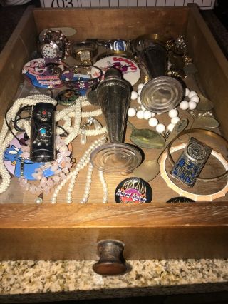 Junk Drawer Misc Items Include Silver,  Pearls Disney Watches Vintage Costume