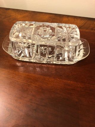 Vintage Mid Century Crystal Cut Glass Covered Butter Dish With Lid Kitchen Dish