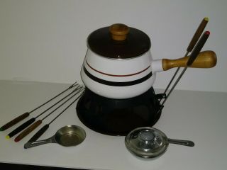 Fondue Complete Enameled Vintage Set With 6 Wooden - Handle Forks And Sterno