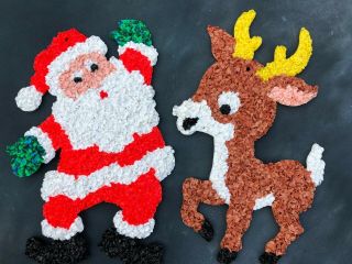 Vintage Plastic Melted Popcorn Christmas Decorations Santa And Reindeer