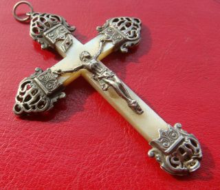 Late 1800 Antique France Mother Of Pearl And Ihs Silver Filigree Religious Cross