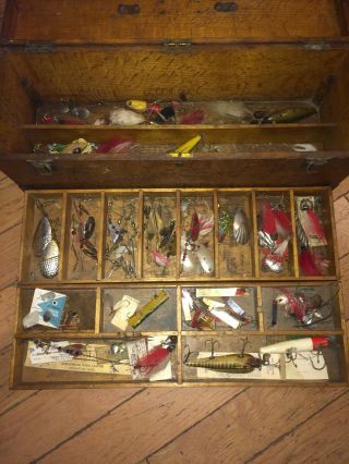 Vintage Antique Wood Tackle Box Full Loaded With Metal And Wood Lures