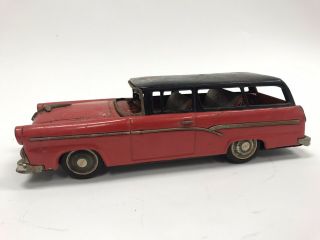 Vintage Red 1957 Ford Station Wagon Ranch Tin Bandai Toy Car Friction Japan 3
