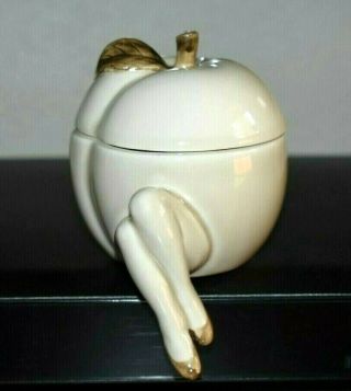 Vintage 1977 Fitz And Floyd Ivory Ceramic Apple Jar Canister W/ Sexy Legs & Lid