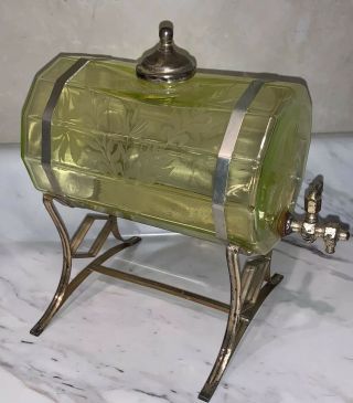 Antique Art Deco Etched Green Vaseline Uranium Glass Large Dispenser Carafe