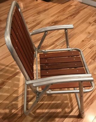 Vintage Mid Century Modern Aluminum Redwood Slat Folding Lawn Chair