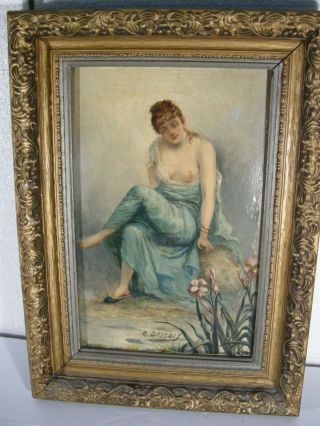Antique French 0il Painting On Wood Semi Nude Lady Signed C,  Debois,  Good Condit