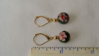 Vintage 14K Yellow Gold Dangle Lever Back Floral Cloisonne Enamel Ball Earrings 2