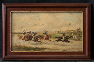 Antique 19th Century Oil Painting " Horse Race " Signed