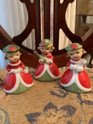 Trio Of Vintage Lefton Christmas Girls/bells Dressed In White,  Green&red W/gilt
