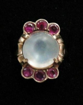 Antique Estate 14k Yellow Gold Moonstone & Ruby Red Stones Ring Size 8