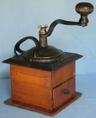 Antique Wood Cast Iron Coffee Mill Ca 1900 Finish Drawer Swivel Top