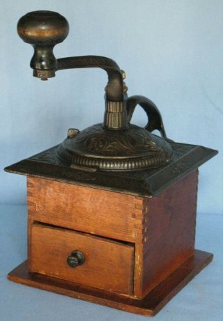 ANTIQUE WOOD CAST IRON COFFEE MILL CA 1900 FINISH DRAWER SWIVEL TOP 2