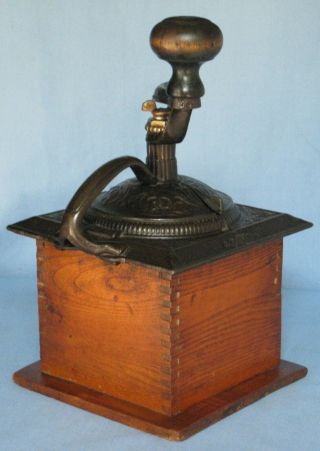 ANTIQUE WOOD CAST IRON COFFEE MILL CA 1900 FINISH DRAWER SWIVEL TOP 3