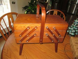 Vintage Wood Fold Out Sewing Basket Box With Feet Handle