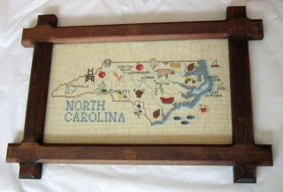 Vintage North Carolina State Map Cross Stitch Finished Rustic Frame