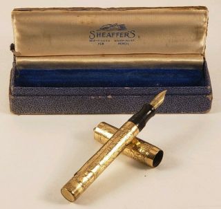 Antique Sheaffer Flat Top Ring Top Gold Filled Floral Overlay Fountain Pen W/box