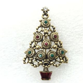 Vintage Christmas Tree Brooch Pin Round Ornament Rhinestone Star Costume Jewelry