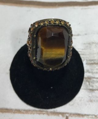 Huge Vintage Style Tiger Eye & Rhinestone Statement Cocktail Ring Size 5