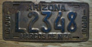 Single Arizona License Plate - 1939 - L2348 - Marcos De Niza