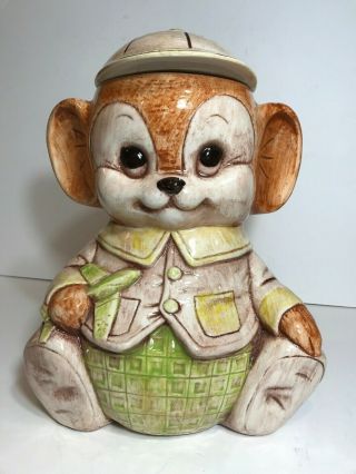 Vintage Treasure Craft Usa Ceramic Mouse Cookie Jar Plane Baseball Cap Green
