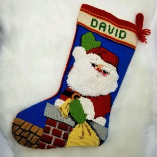 Vintage Wool Needlepoint Christmas Stocking 17” Santa David Chimney Embroidery