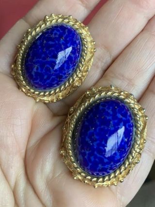 Exquisite Huge Vtg 80 90s Runway Couture Lapiz Glass Byzantine Etruscan Earrings
