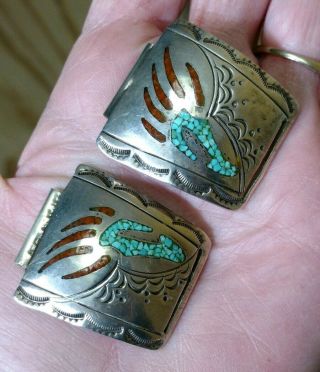 Vintage Old Pawn Navajo Turquoise Coral Bear Paw/claw Watch Band Tips Signed
