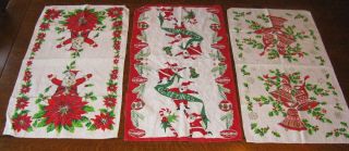 Vintage Set 3 Christmas Linen Towels Santa Bells Shiny Brite Ornaments Look