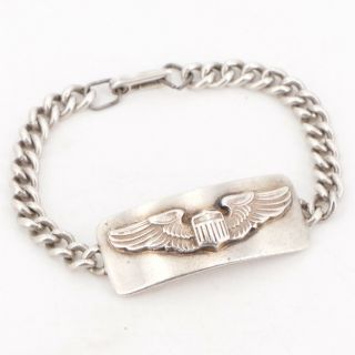 Vtg Sterling Silver Wwii Aaf Command Pilot Wings Id Tag 7 " Chain Bracelet 30.  5g