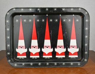 Vtg Christmas Metal Tray Santa Claus Atomic Snowflakes Black Holt Howard 1960 