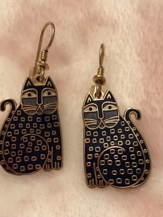 Laurel Burch Vintage Indigo Cats Kittens Earrings Blue Enamel Cloisonné Gold