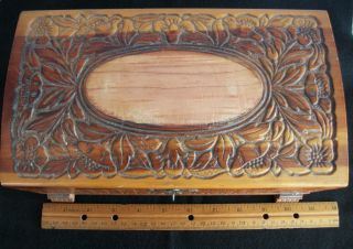 Vintage Carved Cedar Jewelry Chest Trinket Box 10 - 1/2 " X 6 " Mirror & Curved Top