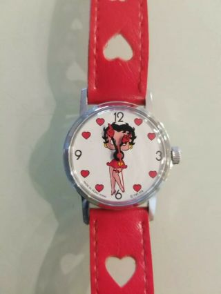 Betty Boop Vintage,  Red Leather Watch With Heart Cut - Outs,  Stainless Steel Back