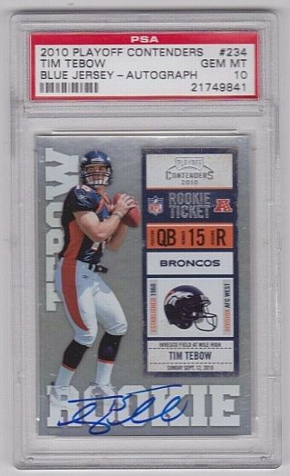 Tim Tebow Signed Rc 2010 Playoff Contenders Ticket Psa Gem 10 Blue Jersey