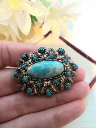 Vintage Old Jewellery - Oval Czech Brooch With Turquoise Glass Stones.  C1920.