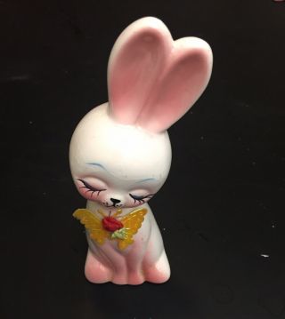 Vintage Ceramic Porcelain Bunny Rabbit With Butterfly On Chest Rabbit Figurine