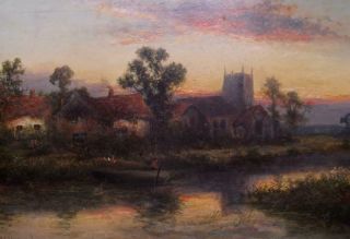 Antique Romantic Oil Painting River Landscape Sunset William Langley 1852 - 1922