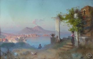 Antique Late 19th Early 20th C Italian Gouache Painting Vesuvius Naples Signed