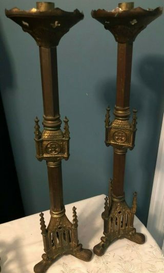 Set Of 2 Antique Catholic Church Altar Gothic Candle Sticks 25 "